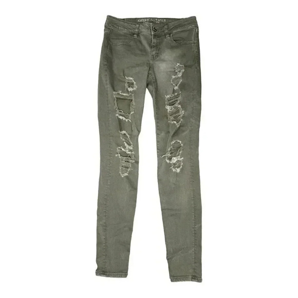 American Eagle Women's Size 4 Regular Super-Stretch Distressed Green Jeggings - Picture 1 of 7